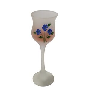 Vintage Frosted Glass Hand Painted Blue Floral Long Stem Candle Holder Tulip